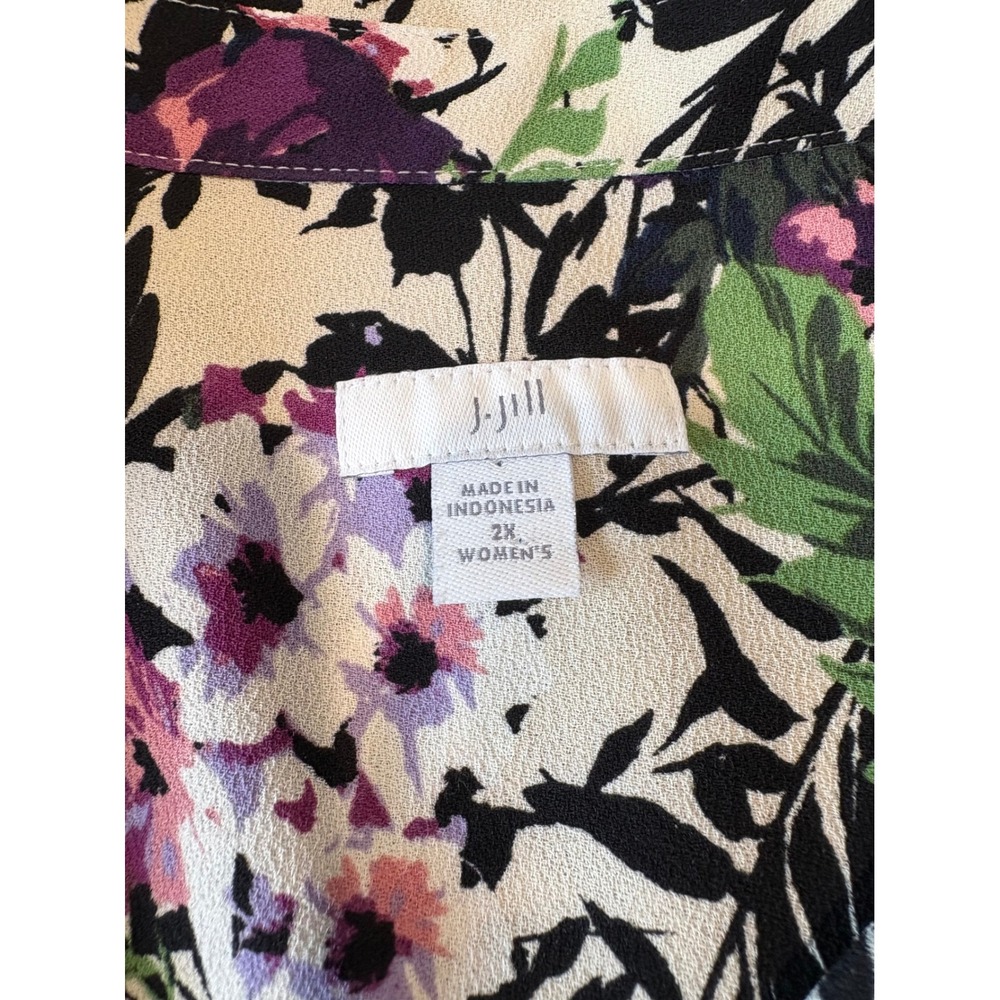 J. Jill Floral Button Down Blouse Womens 2X Purple Green Long Sleeve Pocket Top